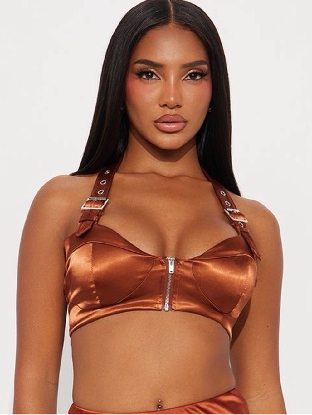 Satin Buckle Strap Crop Top - rust
